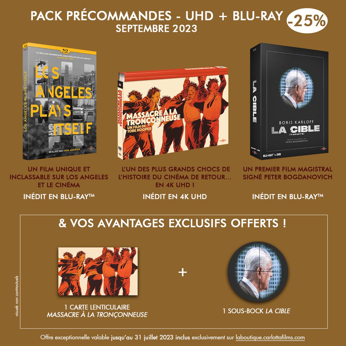 CarlottaFilms's tweet photo. Dernier jour pour profiter des offres sur les précos de septembre !
Profitez de remises exceptionnelles sur : LOS ANGELES PLAYS ITSELF de #ThomAndersen, MASSACRE À LA TRONÇONNEUSE de #TobeHooper et LA CIBLE de #PeterBogdanovich !
https://t.co/8Hz3gT86sY https://t.co/mGAoaGWBKj