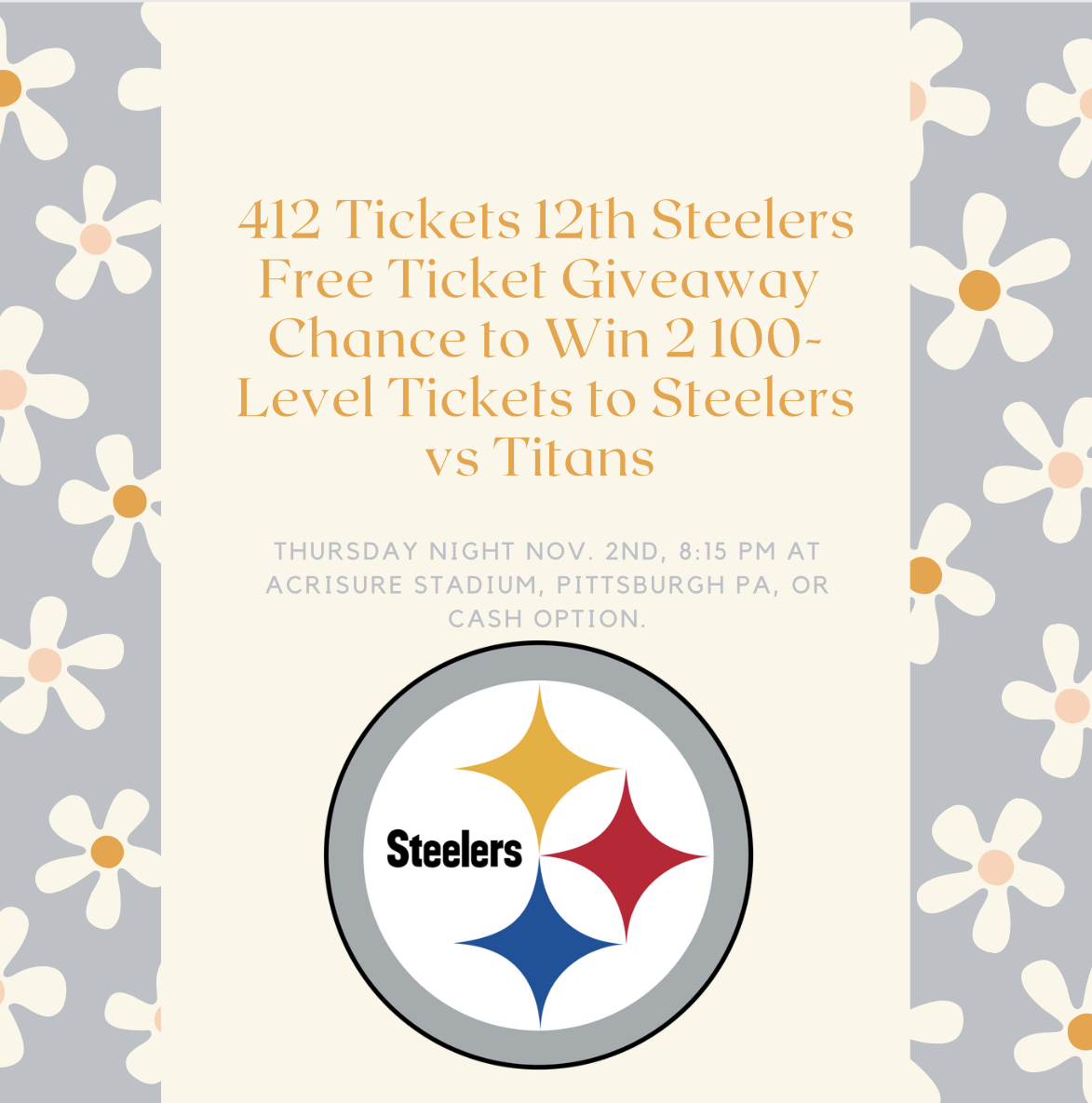 412Tickets's tweet photo. #SteelersFreeTicketGiveaway
Chance to win 2 Free 100-Level Tickets vs #Titans Thu. 11/2 8:15PM
or $70 via Cash App/Paypal
Giveaway ends Mon 7/31 at 11:59pm Est
FOLLOW, RT &amp; TAG FRIENDS
You can Enter on our FB &amp; IG @412Tickets too
WINNER AGREES TO ATTEND THE GAME IN PERSON or 💵 https://t.co/g12GLSbKqn