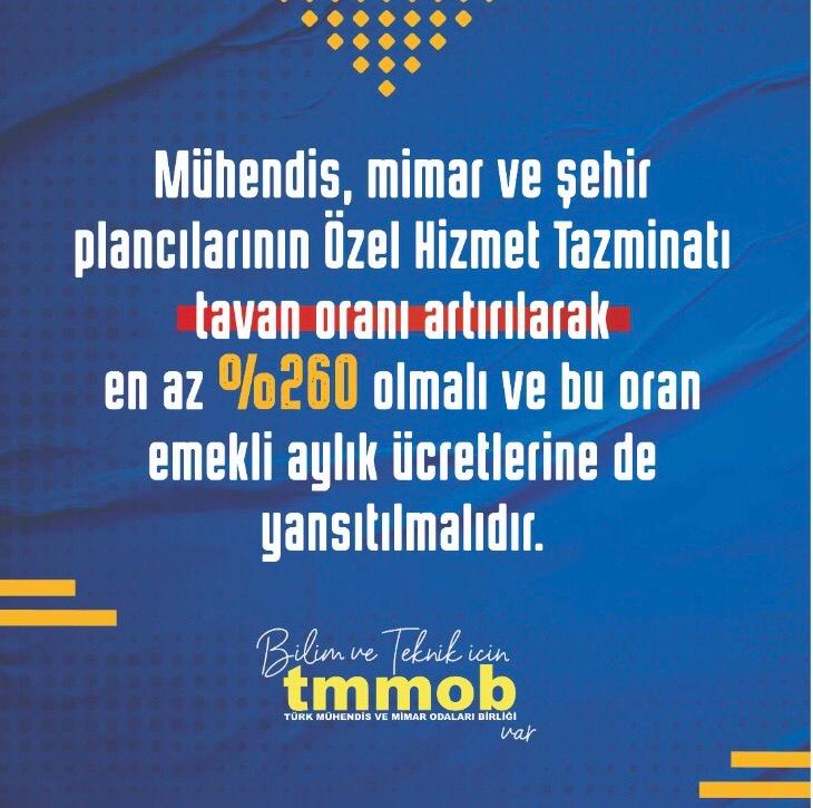 TMMOB1954's tweet photo. Mühendis, mimar ve şehir plancılarının Özel Hizmet Tazminatı tavan oranı artırılarak en az %260 olmalı ve bu oran emekli aylık ücretlerine de yansıtılmalıdır.
#haklarımıziçinsesver https://t.co/RZuxHHdsec