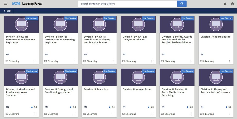 NCAACompliance's tweet photo. 🔔Now available in the NCAA Learning Portal: Division I and Division III University🔔

The e-learning modules provide info on division-specific NCAA rules to supplement on-campus or conference office education for coaches and others. Sign into your My Apps account to view. https://t.co/y466ZnkfFS