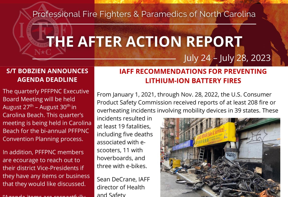 The PFFPNC e-newsletter for July 24-28 includes the IAFF's recommendations for preventing lithium-ion battery fires, as well as the announcement of the agenda deadline for the upcoming PFFPNC E-board meeting to be held in late August.

READ: pffpnc.org/newsletters/