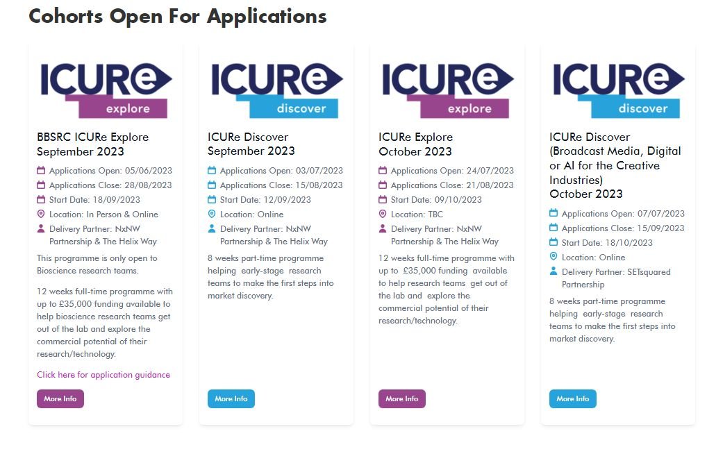 ICURe (@icureprogramme) on Twitter photo Are you considering commercialising your research idea?
We have a number of ICURe Discover and Explore programmes open for applications.
Click here to apply now lnkd.in/eexGFjfN
Funded by <a href="/innovateuk/">Innovate UK</a> and delivered by <a href="/TheHelixWay/">The Helix Way</a>, <a href="/setsquared/">SETsquared</a> and <a href="/InnovationMids/">Midlands Innovation</a>. Are you considering commercialising your research idea?
We have a number of ICURe Discover and Explore programmes open for applications.
Click here to apply now lnkd.in/eexGFjfN
Funded by <a href="/innovateuk/">Innovate UK</a> and delivered by <a href="/TheHelixWay/">The Helix Way</a>, <a href="/setsquared/">SETsquared</a> and <a href="/InnovationMids/">Midlands Innovation</a>.