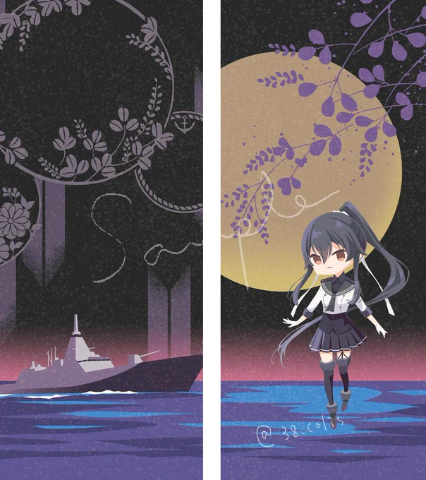【夏コミC102】巻紙屋様の新作御朱印帳『矢矧とやはぎ』の表紙イラストを描かせていただきました。 静かな月夜の海に佇む矢矧改二と護衛艦やはぎです。 どうぞよろしくお願いいたします。