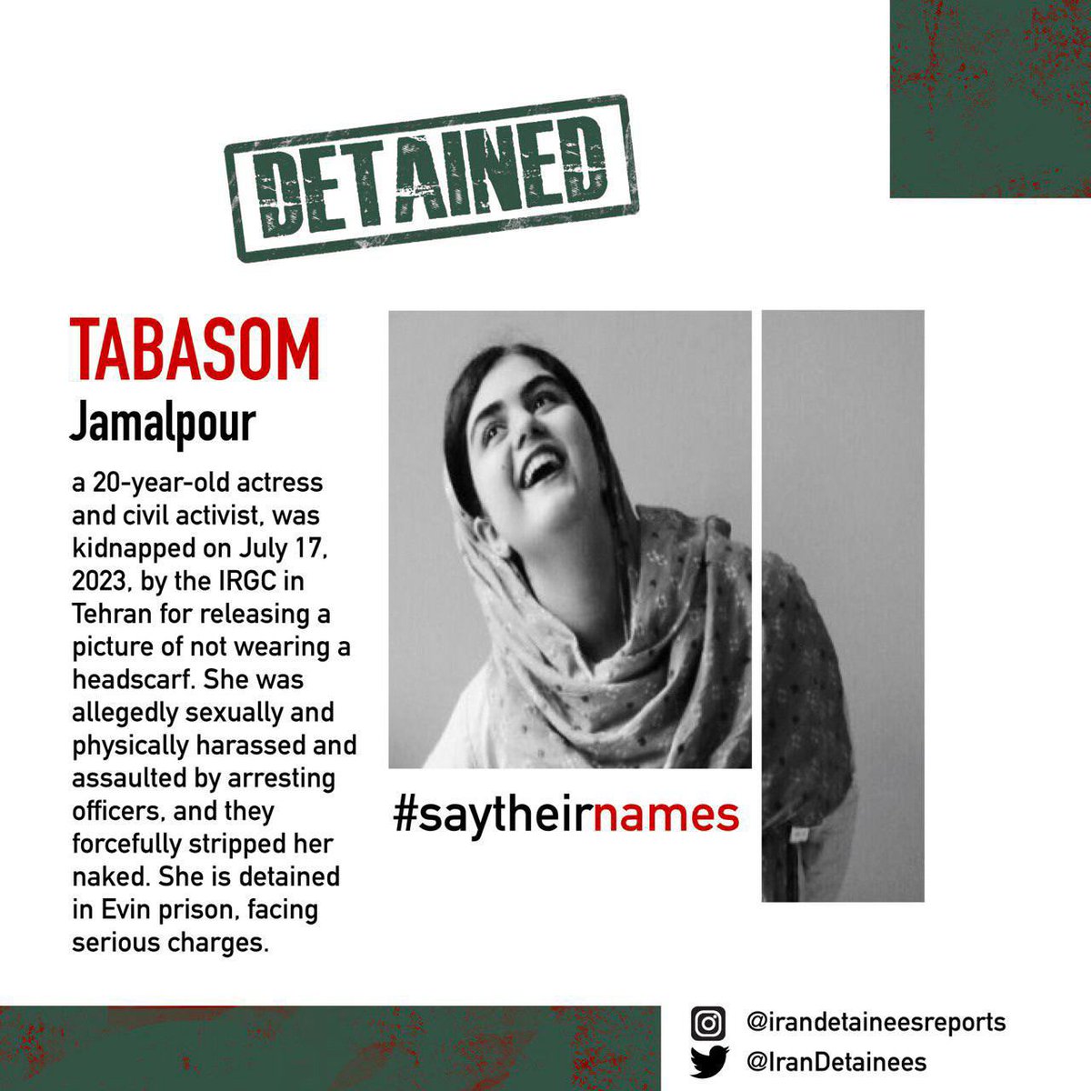 IranDetainees's tweet photo. #TabassomJamalpour , a 20-year-old actress and civil activist, was kidnapped on July 17, 2023, by the IRGC in Tehran for releasing a picture of not wearing a headscarf. She was allegedly sexually and physically harassed and assaulted by arresting officers, and they forcefully stripped her naked. She is detained in Evin prison, facing serious charges.
#تبسم_جمال‌پور
@AmnestyIran
