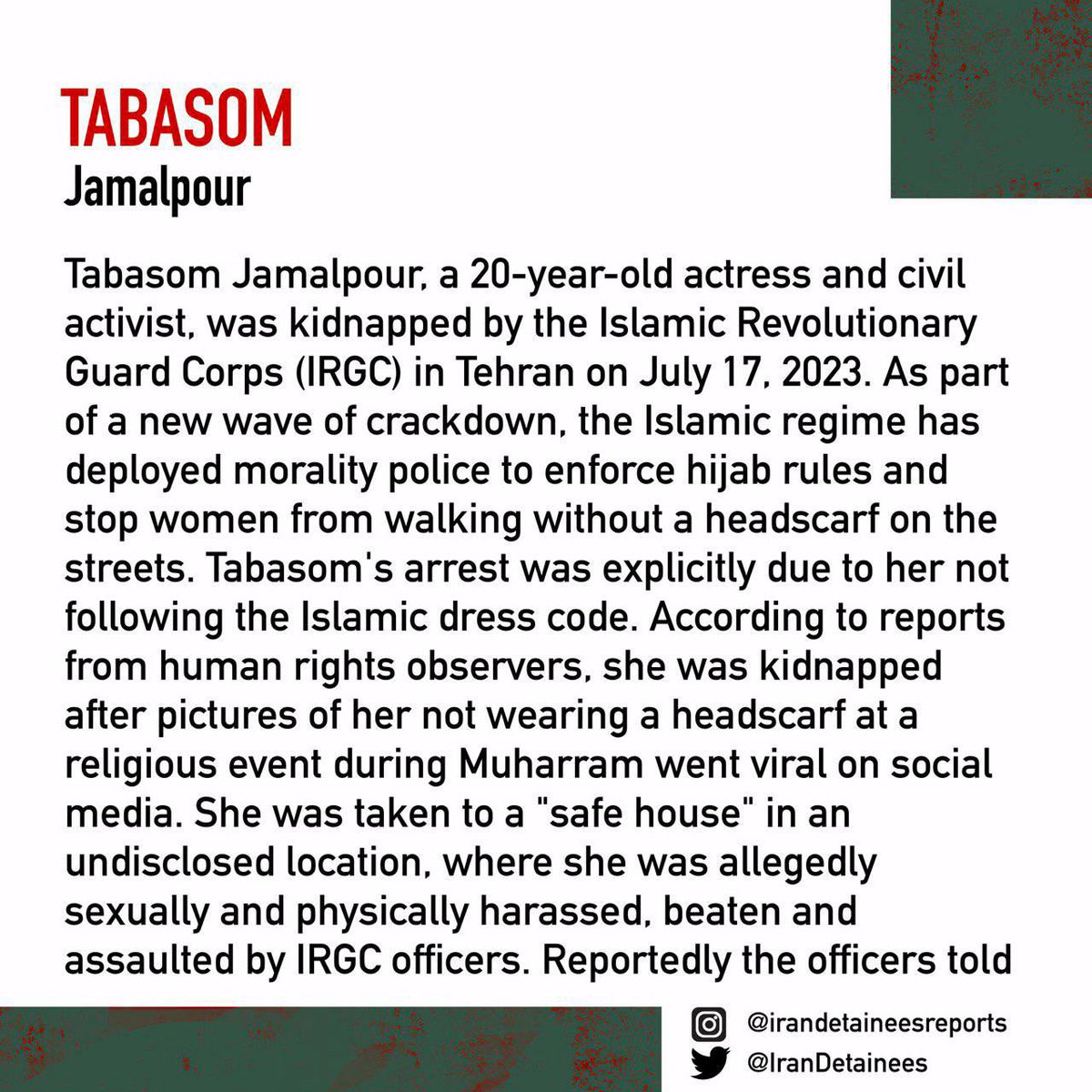 IranDetainees's tweet photo. #TabassomJamalpour , a 20-year-old actress and civil activist, was kidnapped on July 17, 2023, by the IRGC in Tehran for releasing a picture of not wearing a headscarf. She was allegedly sexually and physically harassed and assaulted by arresting officers, and they forcefully stripped her naked. She is detained in Evin prison, facing serious charges.
#تبسم_جمال‌پور
@AmnestyIran