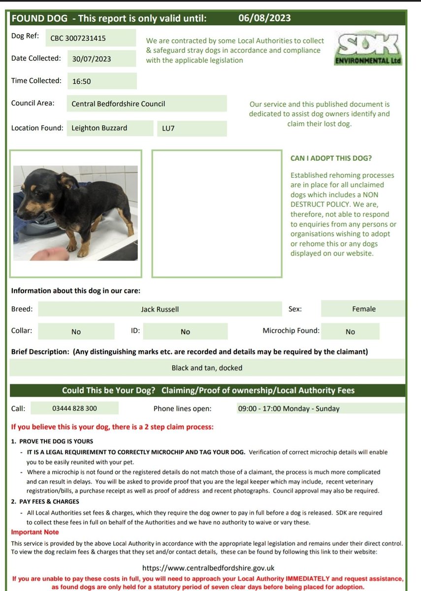 🐕 #founddog Female Black and tan, docked Jack Russell found in Leighton Buzzard #LU7
Not chipped, no collar. 
 If you believe this is your dog please contact 03444 828 300