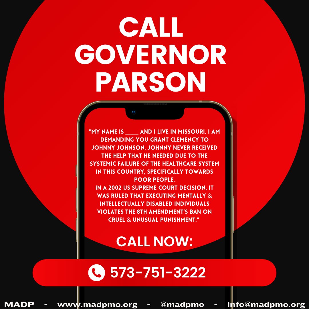 MADPMO's tweet photo. Missouri is gearing up for another #KillingTuesday tomorrow. Don't stay silent. Call Governor Parson and urge him to grant #ClemencyForJohnnyJohnson.
*573-751-3222* https://t.co/vrnzD8iFvH