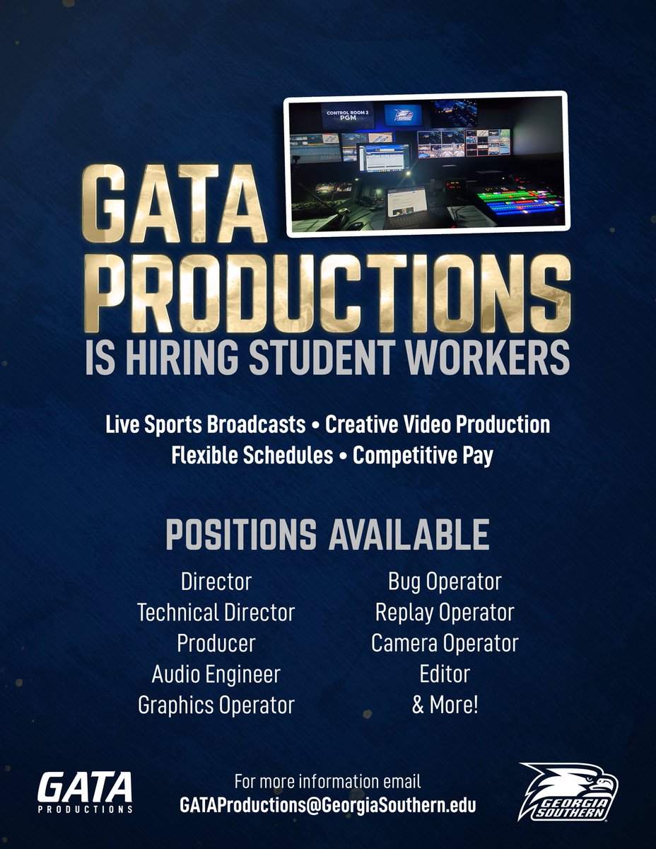 GSAthletics's tweet photo. Lights, camera, action 🎥
Are you a @GeorgiaSouthern student interested in building the brand and telling the stories of Georgia Southern Athletics? If so, see below ⬇️
#HailSouthern https://t.co/EYO9mCZstQ