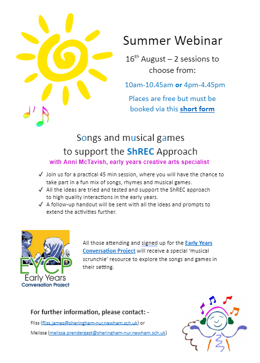 📣 London based nurseries! Join our exciting webinar with @MctavishAnni on the 16th August☀️ 
The ShREC Approach can be used everyday & during any activity. Here Anni demonstrates how it can be used with songs and musical games 🎶 Sign up here: forms.gle/ZpnTvCBf64ZgrJ…