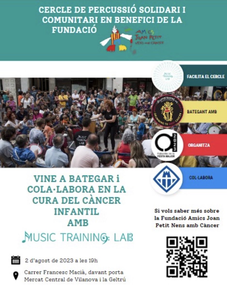 AmicsJoanpetit's tweet photo. 📢 Dimecres a les 19h #cercledepercussió benèfic a Vilanova i la Geltrú, a càrrec de MUSIC TRAINING LAB i DRUMSTRONG.
🪘Vine a bategar per la cura del #càncerinfantil a la Festa Major de Vilanova i la Geltrú.

#stickcontent #stickcontenta #JoanPetitNensAmbCàncer https://t.co/hV2ezM0cXE