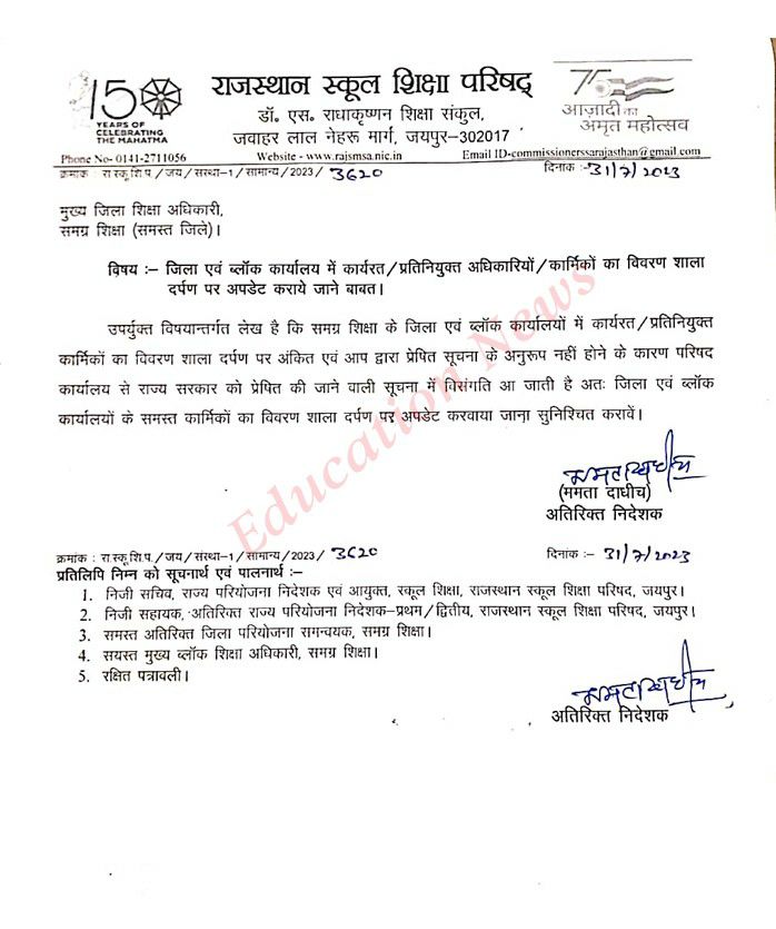 VinodGarhwal001's tweet image. जिला एवं ब्लॉक कार्यालय में कार्यरत/ प्रतिनियुक्त कार्मिकों का विवरण शाला दर्पण पोर्टल पर अपडेट कराए जानें बाबत✍️👇
#Deputation 
#RajasthanWithFirstIndia