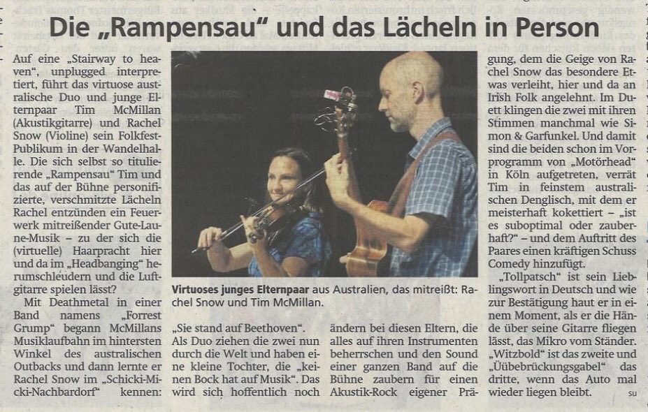 Nice review in today’s Waldeckischen Landeszeitung! 📝 ❤️🎶

Upcoming gigs:

04.08. Rudolstadt 
11.08. Bochum 
12.08. Berlin 
15.08. Hamburg 
18.08. Berlin
24.08. Rösrath 
01.09. Greiz 
14.09. Südharz
09.10. Dorsten 
10.10. Hamminkeln
11.10. Wesel
28.10. Pronstorf