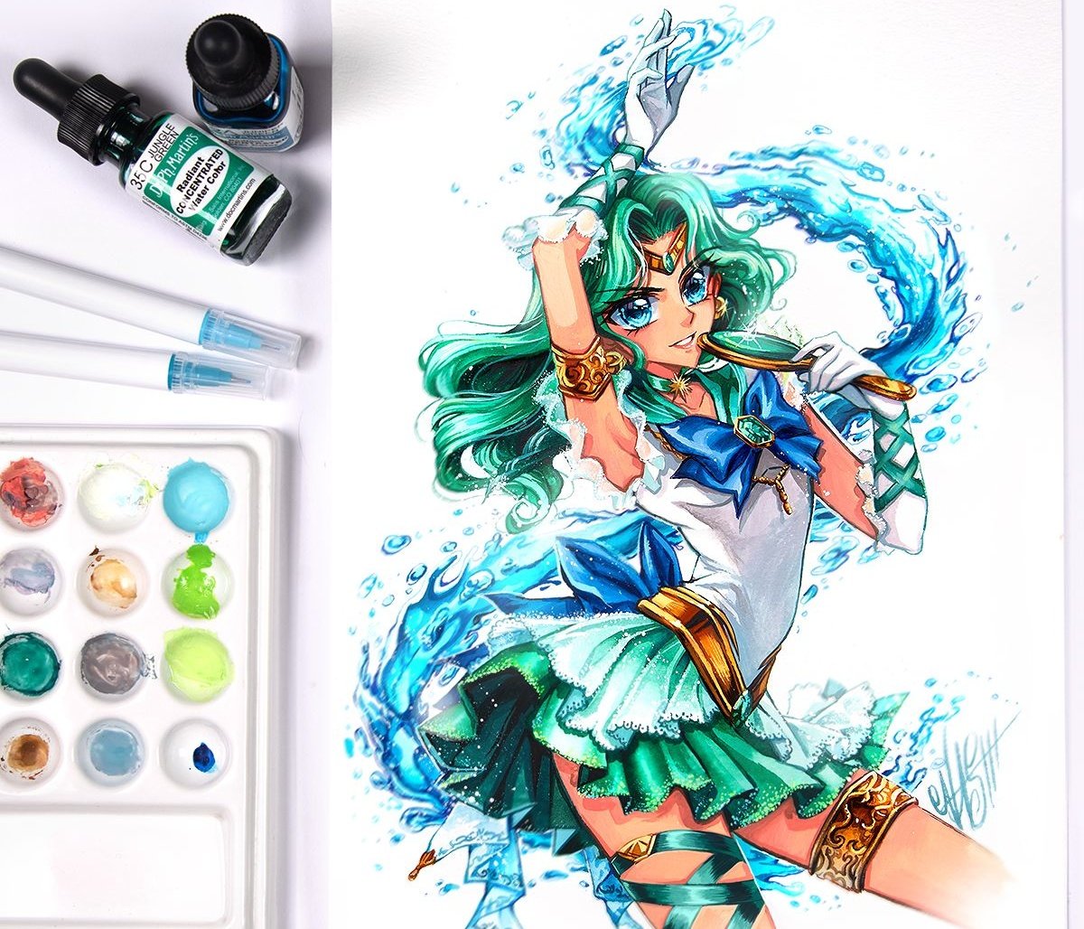 #Sailorneptune from my 'Moon Warrior'. With this one i especially concentrated on creating lively water effects with blue #ink and #watercolors in combination. On Gumroad you can can get my watercolor #tutorials.
#sailormoonfans #sailormoon #sailormoonfanart  #mangadrawing