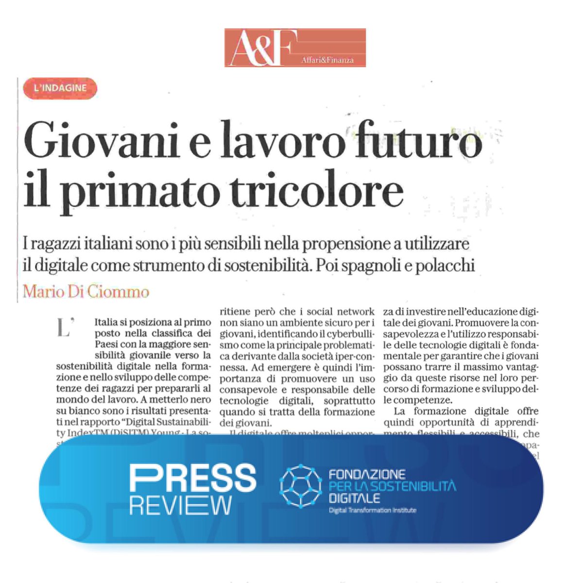 DigiTInst's tweet photo. "I giovani italiani più preparati sul tema del digitale sono quelli più propensi ad usarlo come strumento di sostenibilità"
Oggi su @RepubblicaAF i risultati della nostra ricerca basata sul #DiSIYoung, realizzata in collaborazione con #EYFoundation.
👉🏻 https://t.co/pe7FP4Zsi1 https://t.co/zIEWAubFwS
