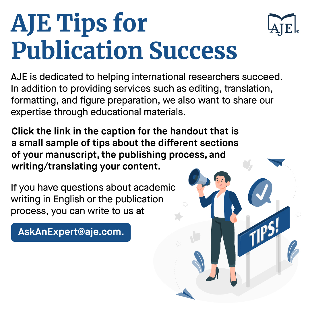 journalexperts's tweet image. Want publication success? Check out these FREE expert tips from @AJEteam! Get valuable insights on manuscript sections, writing, and more! Click the link in the caption for your downloadable handout now! aje.com/dist/docs/AJE-…

#AcademicWriting #PublicationTips #ResearchSuccess