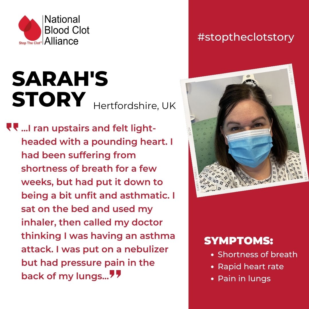 StopTheClot's tweet photo. "The doctor called me into a side room and told me that he couldnโt believe how well I was presenting as I had numerous massive bilateral #pulmonaryemboli." Read Sarah's story: https://t.co/qq9H0YIkUo
#stoptheclotstory #pulmonaryembolism #pesurvivor #bloodclotsurvivor https://t.co/6qB3ahlGoG