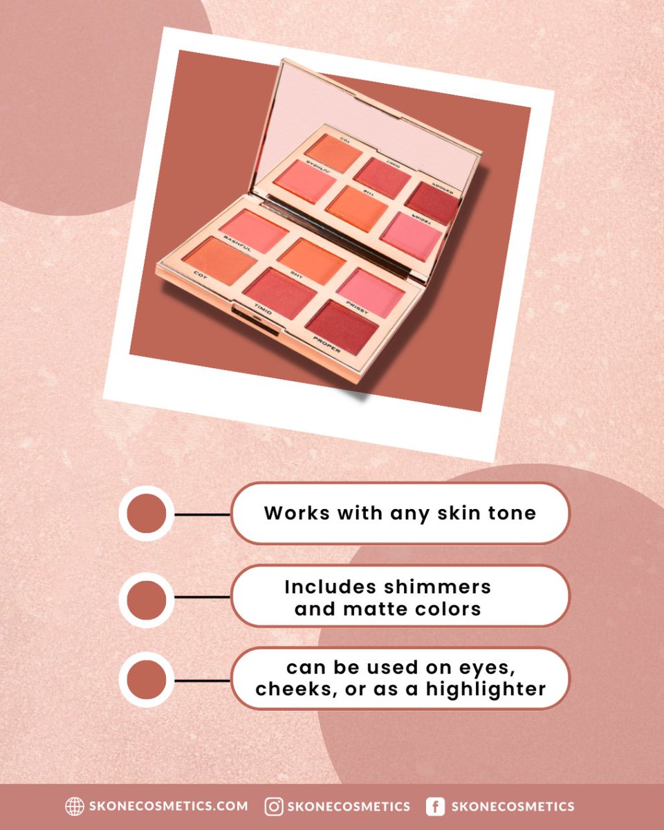 SKONEcosmetics's tweet image. With this Flushed and Flirtatious Blush Palette, you'll be ready to blush, charm, and ignite rosy cheeks that steal hearts. 

Click the ❤️ button to show a little love!

#blushpalette #makeupcollection #makeupartist #makeupaddict #beautybrand #makeupbrand #skonecosmetics