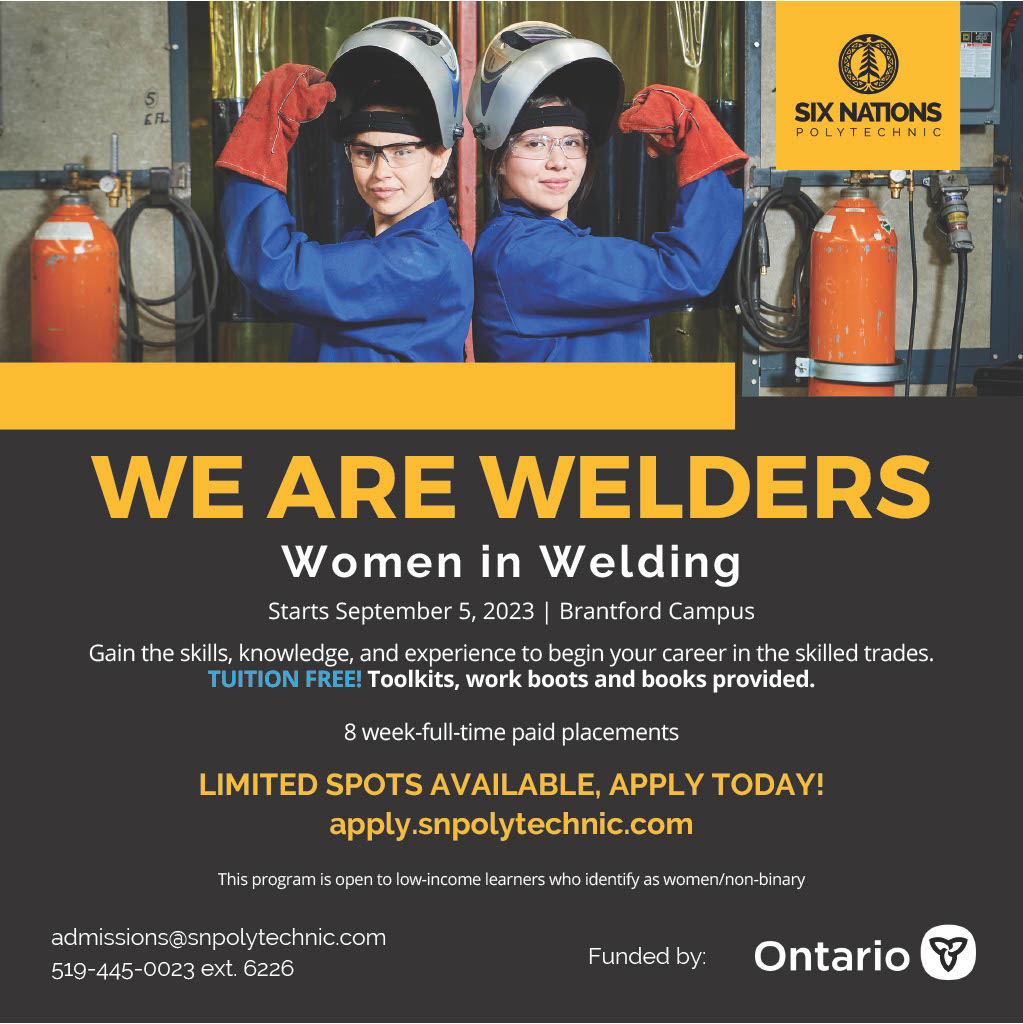 <a href="/snpolytechnic/">Six Nations Polytechnic</a>'s Women in #Welding program begins in just over a month on September 5th! Gain the skills and knowledge you need to begin your career in the skilled trades, all for free! Limited spots are avaliable. Apply today at: apply.snpolytechnic.com 🎓