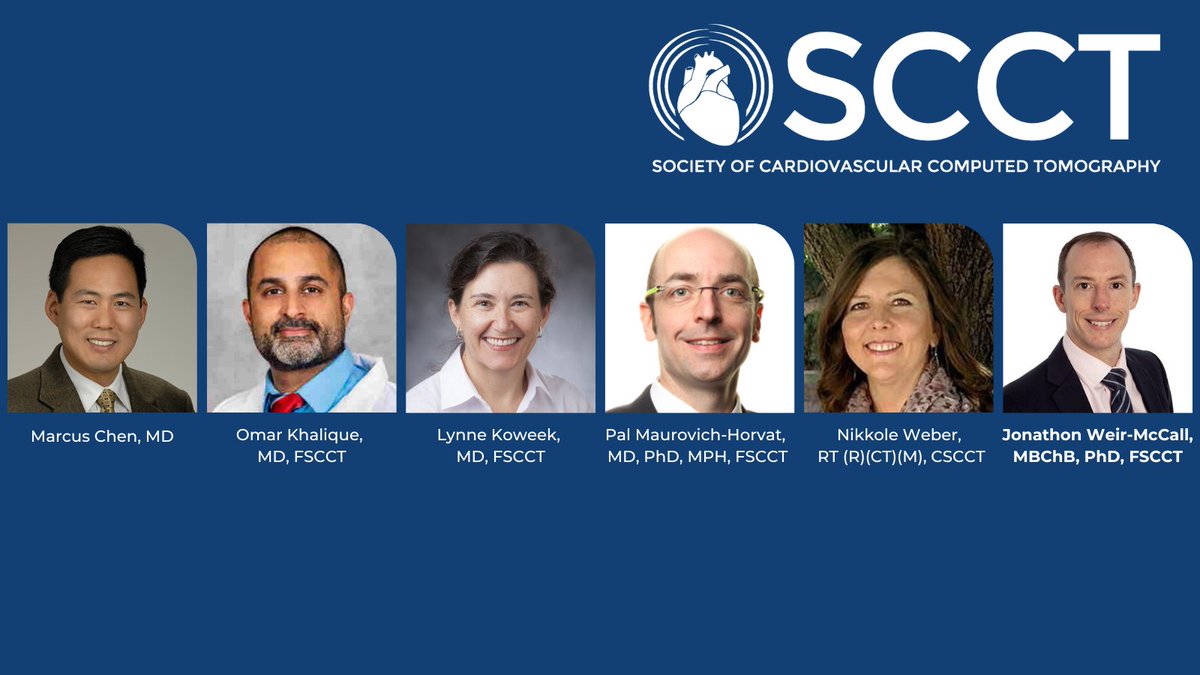 SCCT is pleased to welcome its new members to the Board of Directors. Marcus Chen, MD; @OKhaliqueMD; Lynne Koweek, MD, FSCCT; @PalMaurovich; @nweber_12 and @JWeirMcCall We look forward to their leadership, guidance and service in the coming years.