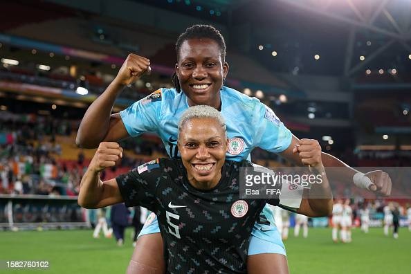 GettySport's tweet image. Onome Ebi and Chiamaka Nnadozie of Nigeria celebrate after their team advanced to the knockouts in the @FIFAWWC 2023 Group B match against Ireland at Brisbane Stadium, Australia. I July 31, 2023 I 📷:  @ElsaGarrison for FIFA #GettySport #FIFAWWC #BeyondGreatness   #NGA