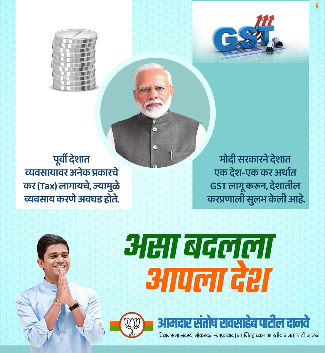 SantoshDanveBJP's tweet photo. पूर्वी देशात व्यवसायावर अनेक प्रकारचे कर (Tax) लागायचे, ज्यामुळे व्यवसाय करणे अवघड होते. मात्र मोदी सरकारने देशात एक देश-एक कर अर्थात GST लागू करून देशातील कर प्रणाली सुलभ केली आहे.

#मोदी #सरकार #ModiGovernment #Growth #NarendraModi #GST

@narendramodi
@JPNadda
@nsitharaman
@BJP4India
@Dev_Fadnavis
@cbawankule
@BJP4Maharashtra