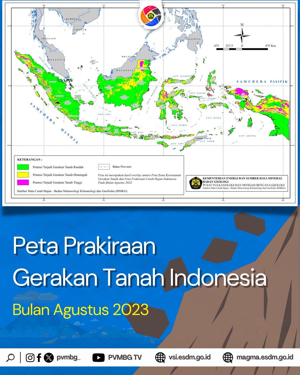 [PERINGATAN DINI GERAKAN TANAH BULAN AGUSTUS 2023]

Peta prakiraan gerakan tanah bulan Agustus udah ada nih…. Lokasi kita masuk ke zona yang mana? Cek disini yu  vsi.esdm.go.id/portalmbg/