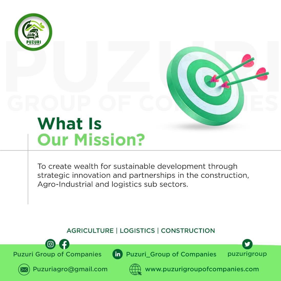 puzurigroup's tweet photo. At #PuzuriGroupofCompanies , our mission is to create wealth for sustainable development through strategic innovation and partnerships in the construction, agro-industrial and logistics sub sectors.🌾🚜🏗️

#CompanyMission
#Agriculture
#Construction
#Logistics https://t.co/c51471BRMT