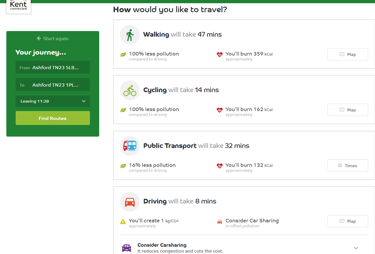 Kent County Council has launched a website that allows you to calculate the fastest or most environmentally friendly way to travel to your destination. I've calculated how to get from our office here in Singleton Village Hall to the Civic Centre in town. Where do you want to go?