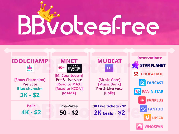 ~ Available August 🌼💛

📌FANCAST
4000💛hearts =$2

📌IDOLCHAMP
[Show Champion]
3000💙chamsim =$2
[Polls/Ads]
4000💙chamsim =$2

📌MNET
[M!Countdown -Polls]
50 votes =$2

📌MUBEAT
[Music Core/Music Bank/Polls]
2000❤️beats =$2

✅Payment: Paypal
📩 Send us a DM