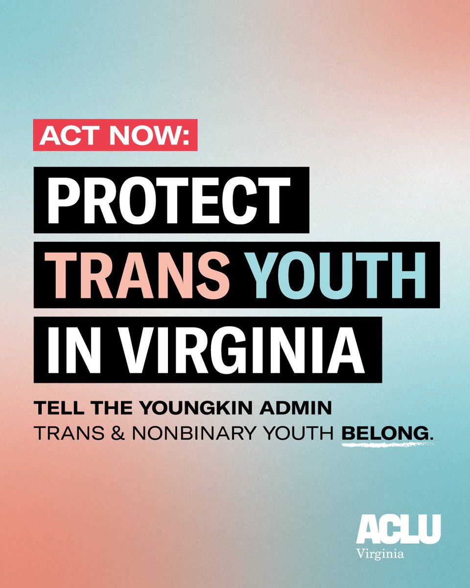 ACLUVA's tweet photo. 🆘 ACTION ALERT 🆘  

Tell the VDOE’s Superintendent of Public Instruction: 
❌  NO anti-trans policies in VA's schools

🔗 https://t.co/KVrr2Z6GSX

The Youngkin VDOE released policies aimed at erasing trans &amp; nonbinary students. We MUST speak out against these harmful policies. https://t.co/hYT9E9B3Zc