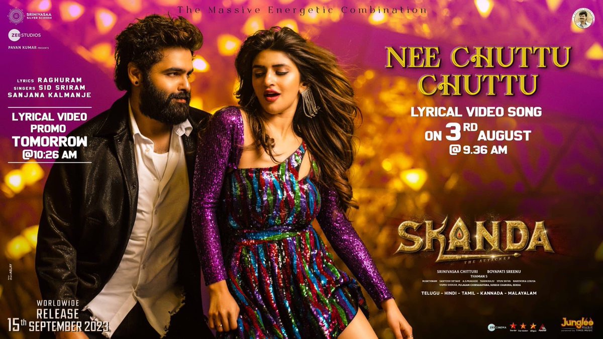 #RAmPOthineni & #SreeLeela!

#Skanda first single #NeeChuttuChuttu - #MainPeechePeeche - #OnaSuthiSuthi - #NinSutthaSuttha - #NeeThottuThotta on AUG 3rd!

#SkandaonSep15