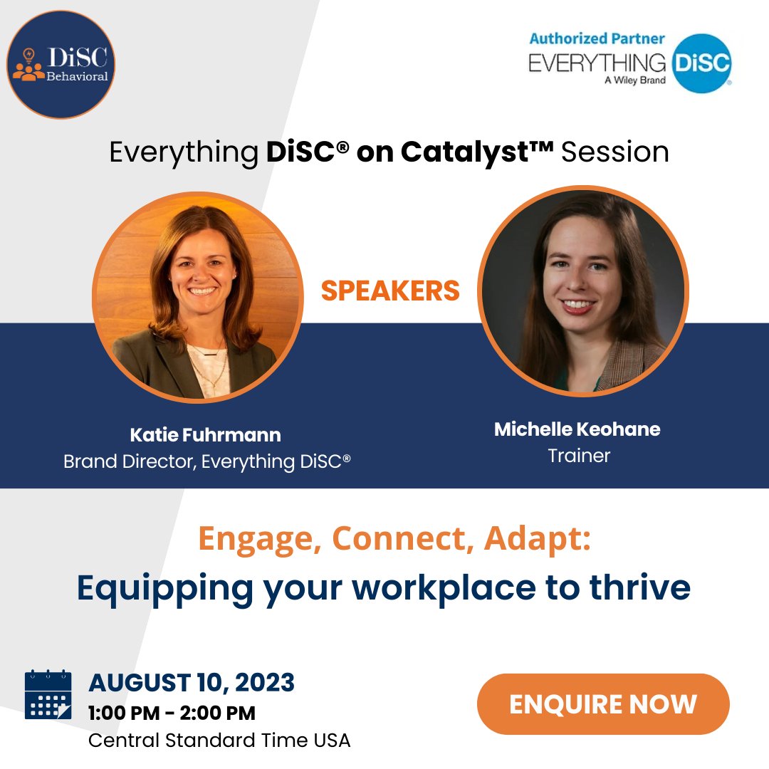 disc_behavioral's tweet photo. Join us for a Webinar on Everything DiSC on Catalyst on August 10th, 2023, between 1:00 P.M. - 2:00 P.M. (Central Standard Time USA) to learn more and get some tips from the experts in the subject.

#Webinar #WebinarAlert #webinarevent #RegisterNow #discbehavioral #DiSC https://t.co/kDCVcQklWm
