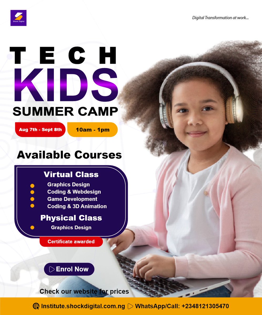 shockdigitalng's tweet photo. Enroll your children in our exciting Summer Virtual Training Program where your children will learn Web Design, Graphics Design, Game Development, and more from the comfort of home.

For more info, 

visit our website at 
https://t.co/PJQscqvkHs or contact us at 2348121305470. https://t.co/jQ3ENpjeTF