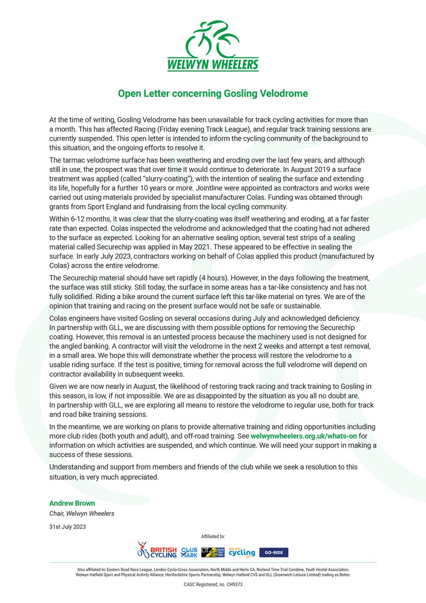 welwynwheelers's tweet photo. Open Letter concerning Gosling Velodrome
https://t.co/iFydtI9WcQ https://t.co/rm2odypewC
