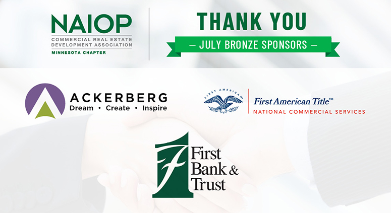 NAIOP_MN's tweet photo. We appreciate our July Bronze Sponsors: @ackerberg, @FirstAm and @bankeasy_FBT. Thank you for your commitment to #MNCRE professionals. https://t.co/GWSFFpkxYZ