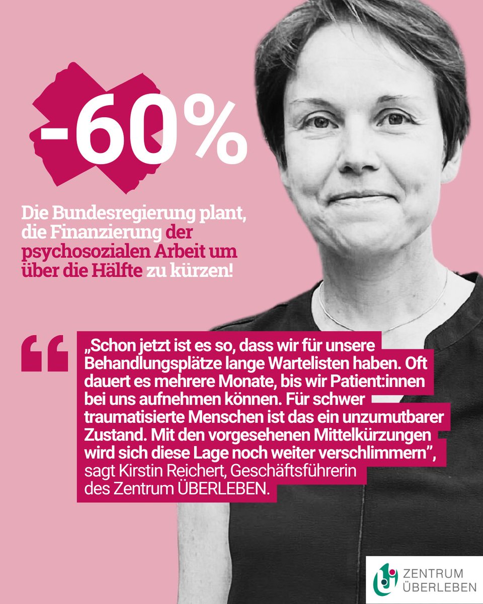Zentrum ÜBERLEBEN (@zentrumue) on Twitter photo 🔴Die BReg plant für 2024 die Förderung der psychosozialen Arbeit um über die Hälfte zu kürzen! Das gefährdet die Gesundheit traumatisierter Geflüchteter & bringt die Arbeit der PSZ, die auf Förderungen &Spenden angewiesen sind, stark ins Wanken! PM: ueberleben.org/neuigkeiten/ak… 1/4⬇️ 🔴Die BReg plant für 2024 die Förderung der psychosozialen Arbeit um über die Hälfte zu kürzen! Das gefährdet die Gesundheit traumatisierter Geflüchteter & bringt die Arbeit der PSZ, die auf Förderungen &Spenden angewiesen sind, stark ins Wanken! PM: ueberleben.org/neuigkeiten/ak… 1/4⬇️