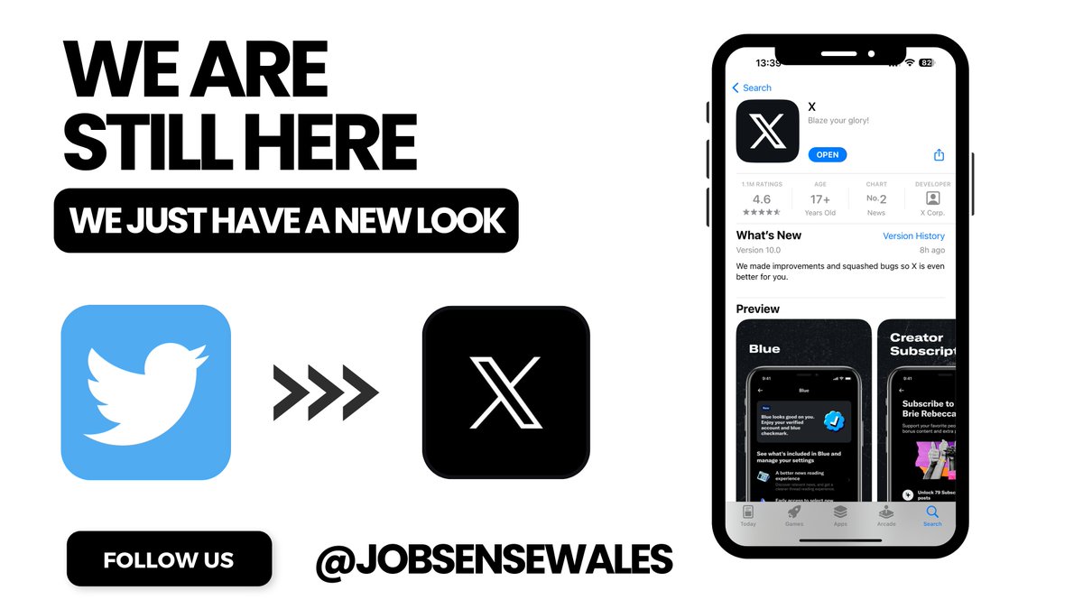 JobsenseWales's tweet photo. As many of you know, Twitter is now called X ❕

BUT, we're still the same platform you know and love!  Don't forget to follow us to stay up-to-date with all our latest posts, trends, &amp; happenings 💙 #TwitterX https://t.co/g4Npa1JWGi