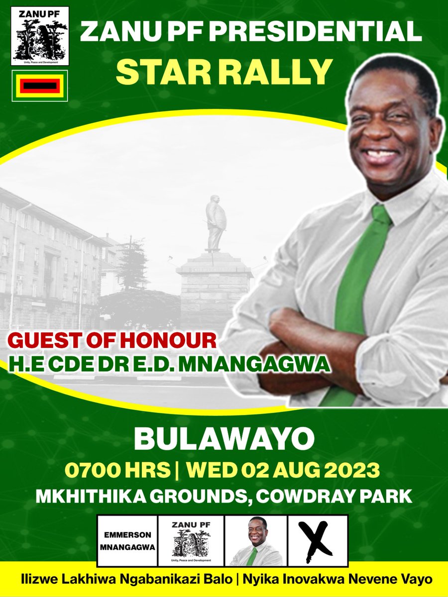 On Wednesday the President is in Bulawayo for the Star Rally, 

Let us all come in our numbers Bulawayo Omuhle.

#MeetThePresident
#2023EDPFEE
#ByoForED