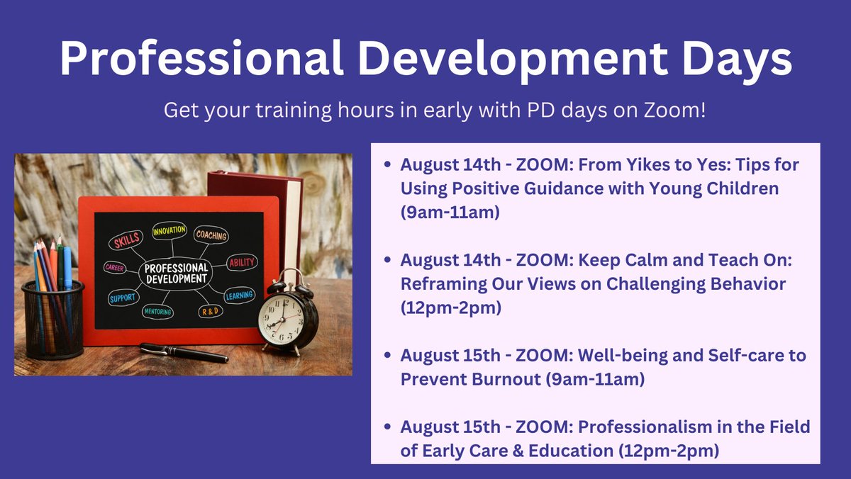 cccofky's tweet photo. Join us for PD days on August 14th-15th. All classes are LIVE and available on Zoom!  These trainings are FREE for CCC members.  The cost is $20 per person for non-members.

Learn more about each class and register at https://t.co/oea5bARIWq

#professionaldevelopment #training https://t.co/XeWntNtlzk