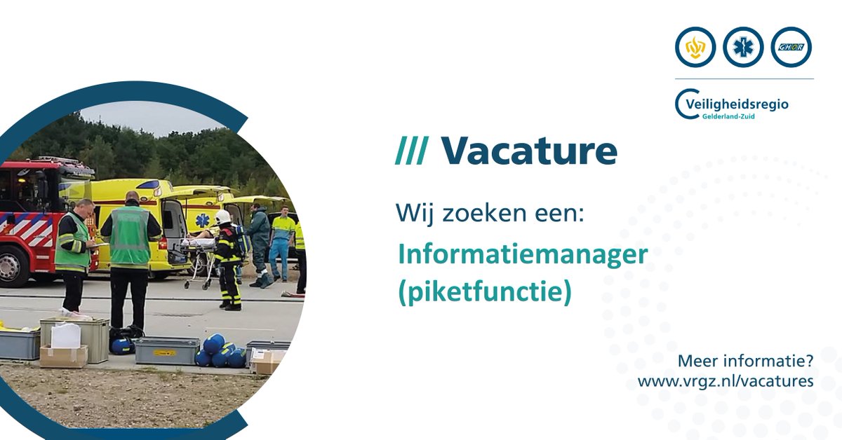 vrgz's tweet photo. ❗VACATURE❗ Wij zijn op zoek naar een informatiemanager (piketfunctie). Heb jij interesse in een afwisselende rol met maatschappelijk belang in het hart van de crisisorganisatie? Bekijk de vacature: https://t.co/adnnv0Gwqg https://t.co/38Zwjk455x
