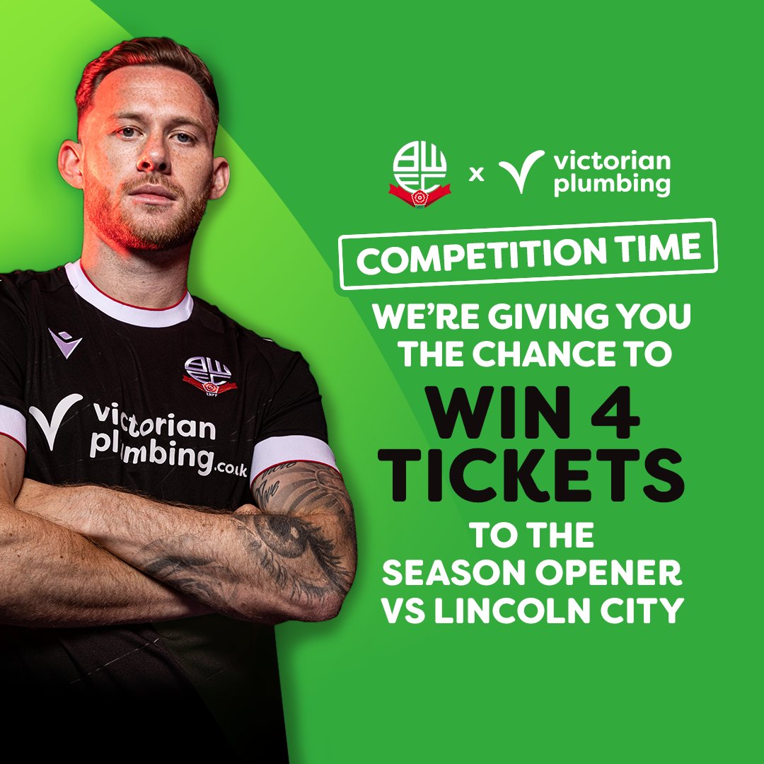 ‼️COMPETITION TIME‼️

We’re giving you the chance to win 4 tickets to the
<a href="/OfficialBWFC/">Bolton Wanderers</a>
season opener against Lincoln City!

How to enter :
⚽ Follow us
⚽ Like &amp; retweet

Winner will be announced on 03/08/23.🤞
T&amp;C's apply
bit.ly/47eMAHa

#bwfc #VictorianPlumbing