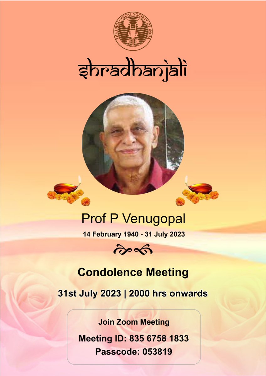 It is with a heavy heart that we announce the death of our beloved Prof P Venugopal, past president of USI and teacher of teachers. He will always be remembered dearly by Indian Urology. Please join the online condolence meeting for prayers.