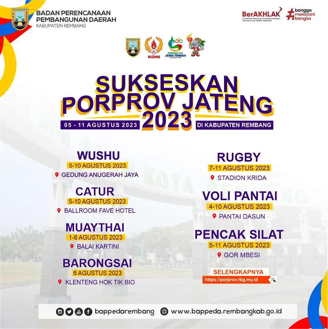 Info Sobat Bappeda !
Kab Rembang akan menjadi tuan rumah Pekan Olahraga Provinsi (PORPROV) XVI Jateng mulai tgl 5 - 11 Agustus 2023, yuk simak jadwal dan lokasi cabang olahraga yang akan bertanding di Kabupaten Rembang 👆

Ayo dukung atlet kebanggaan kita untuk menjadi juara 🏆