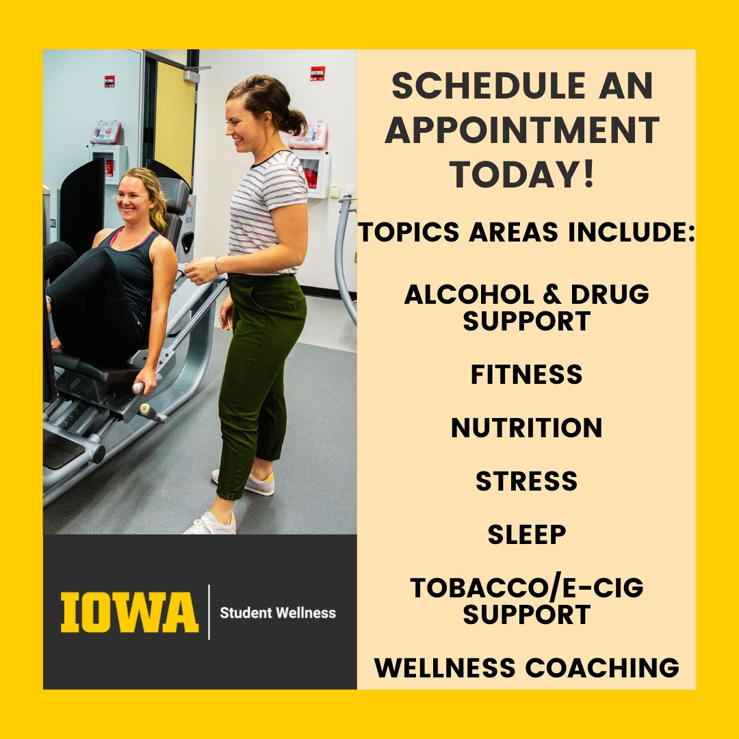Hawkeye_Health's tweet photo. Did you know Student Wellness offers free, individual consultations for students? Schedule an appointment with one of our health educators to discuss ways to improve your overall well-being! In-person and virtual options are available. https://t.co/3xqLB2RqAy