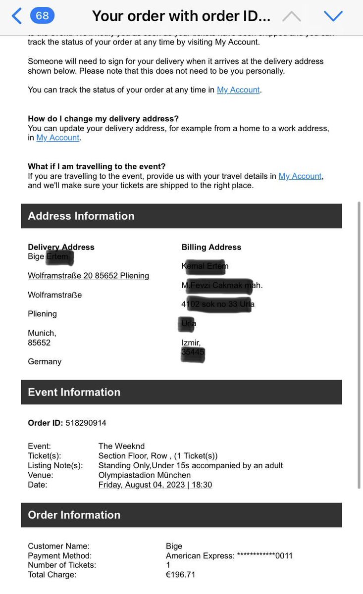 kertemkert's tweet image. @theweeknd @viagogo @ups 
Big disappointment. You couldn’t mannage to deliver in time  a ticket that I paid on 24th of June for Theweeknd concert in Munich Germany 4th of August. 
What kind of exuse is that the address is correct but the name wasn’t written on the door bell ?