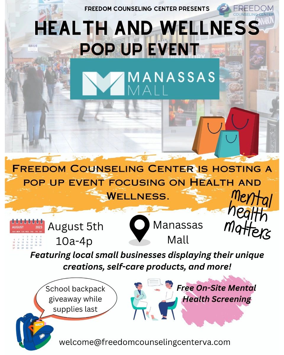 FreedomCounsel4's tweet photo. Our health and wellness pop up event is around the corner! From 10 AM to 4 PM, stop by the Manassas Mall for free mental health screenings and local businesses displaying their unique creations, self-care products, and more. We’ll see you all soon! https://t.co/Uz2wtPfAab https://t.co/JbtXyyt1oG