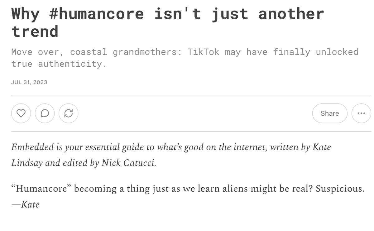 getembedded's tweet photo. "Posting is advertising, done for free in hope of being seen, forgetting that the most authentic and compelling things about being a person are hidden in the moments when no one is watching."
Why #humancore isn't just another trend: https://t.co/rBhOpjJGpe https://t.co/RF227lTSWe