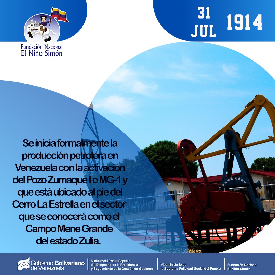 #31Jul Tal día como hoy se inició formalmente la producción petrolera en Venezuela con la activación del Pozo Zumaque en el estado Zulia

#MaduroTieneUnBeta <a href="/NicolasMaduro/">Nicolás Maduro</a> <a href="/PresidencialVen/">Prensa Presidencial</a> <a href="/ConCiliaFlores/">Cilia Flores</a>