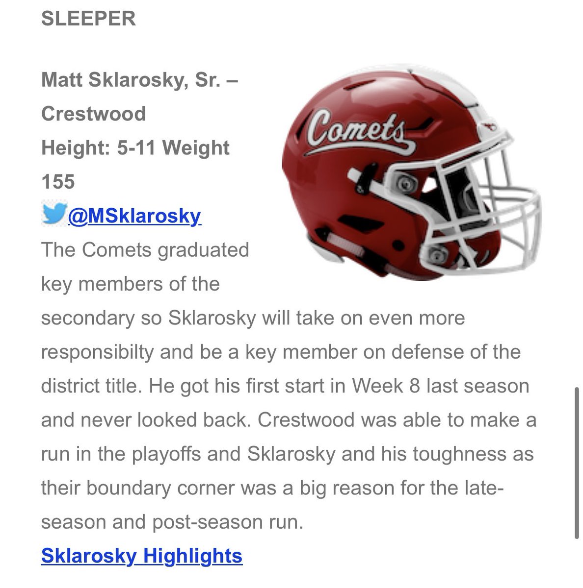 Congratulations to <a href="/MSklarosky/">matt sklarosky</a> on being named to <a href="/NEPAFootball/">NPF Football</a> 2023 Top 5 Defensive Backs to Watch! Keep up the great work Matt! Go CCCOMETS! 🏈☄️ <a href="/ArcangeliCoach/">Ryan Arcangeli</a> <a href="/PaFootballNews/">Pennsylvania Football News</a> <a href="/EPAFootball/">EasternPAFootball</a> @district2footb1 <a href="/NEPANation/">NEPA Sports Nation</a> <a href="/NEPASportsPage/">NEPA SportsPage</a> <a href="/johnmendolashow/">JOHN MENDOLA SHOW</a> <a href="/CVSteveBennett/">Steve Bennett</a>