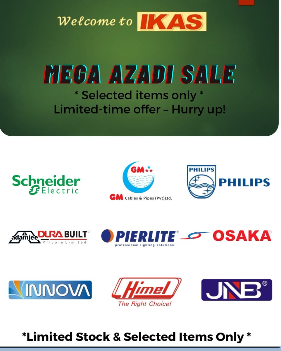 IkasElectric's tweet photo. Lets Celebrate 76th anniversary of Pakistan with IKAS's Mega Azadi Sale Starting from 1st August 2023 to 31st August 2023.
on selected items only
* Limited Time sale https://t.co/N2cXup9tpG